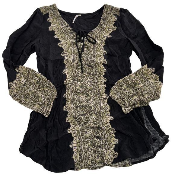 Free People Blouse Womens Medium Black Beige Boho Tapestry Peasant Tunic Top - Picture 2 of 9